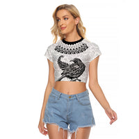 Custom New Zealand Raglan Cropped T Shirt Tui Bird and Koru Circle Mix Silver Fern Pattern LT03 Female White - Polynesian Pride