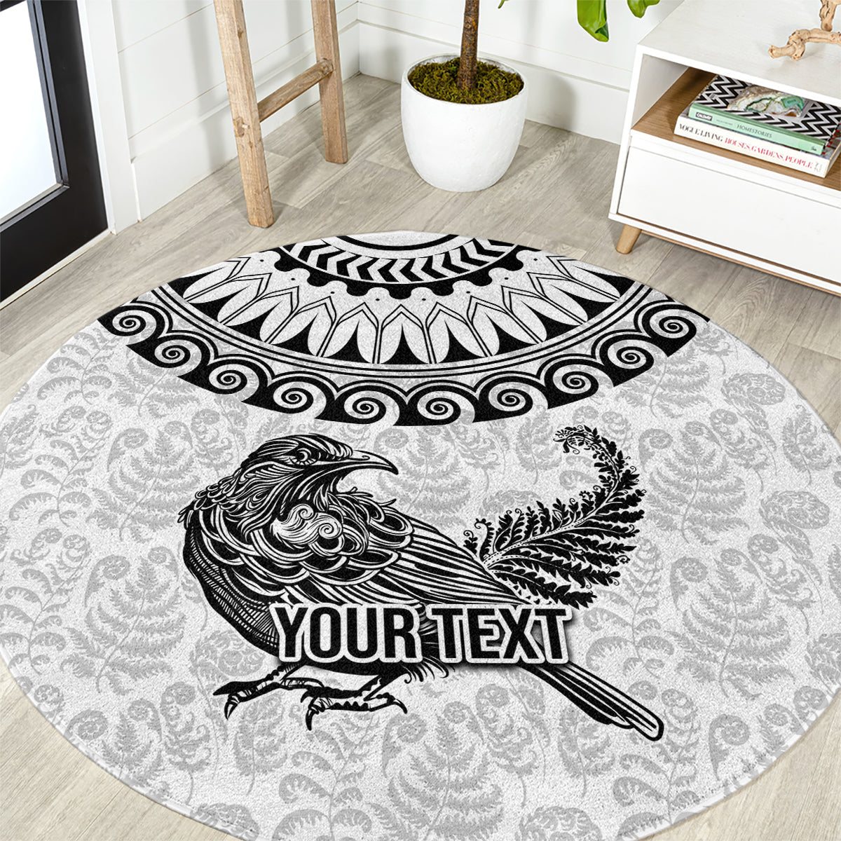 Custom New Zealand Round Carpet Tui Bird and Koru Circle Mix Silver Fern Pattern LT03 White - Polynesian Pride