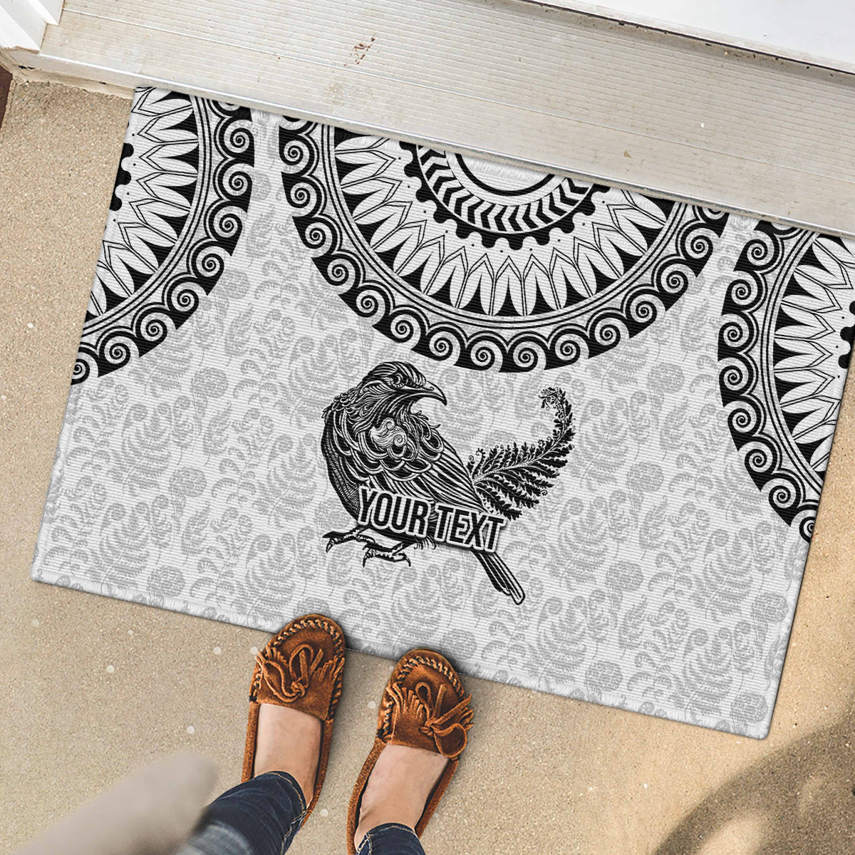 Custom New Zealand Rubber Doormat Tui Bird and Koru Circle Mix Silver Fern Pattern LT03 - Polynesian Pride