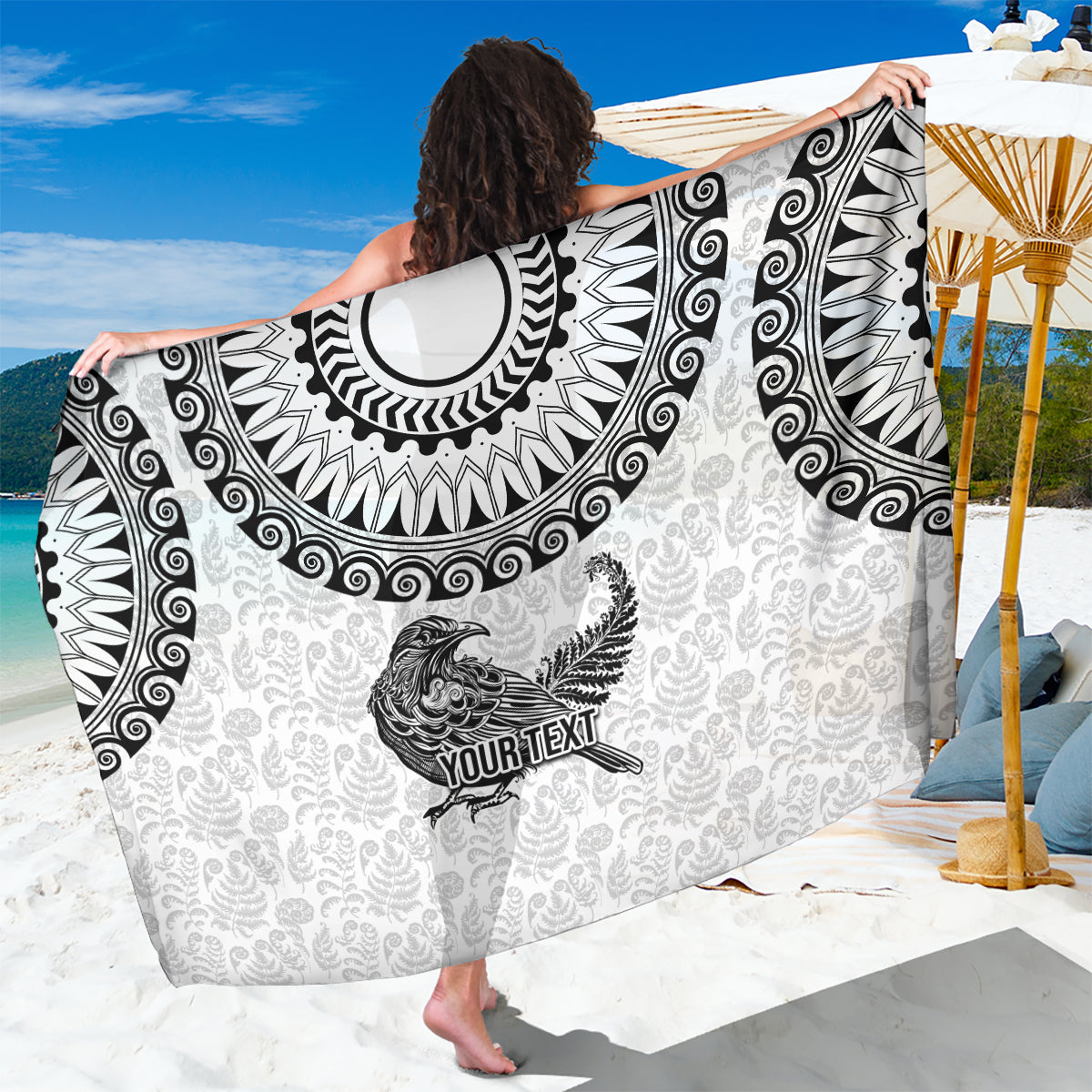 Custom New Zealand Sarong Tui Bird and Koru Circle Mix Silver Fern Pattern LT03 One Size 44 x 66 inches White - Polynesian Pride