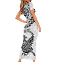 Custom New Zealand Short Sleeve Bodycon Dress Tui Bird and Koru Circle Mix Silver Fern Pattern LT03 - Polynesian Pride