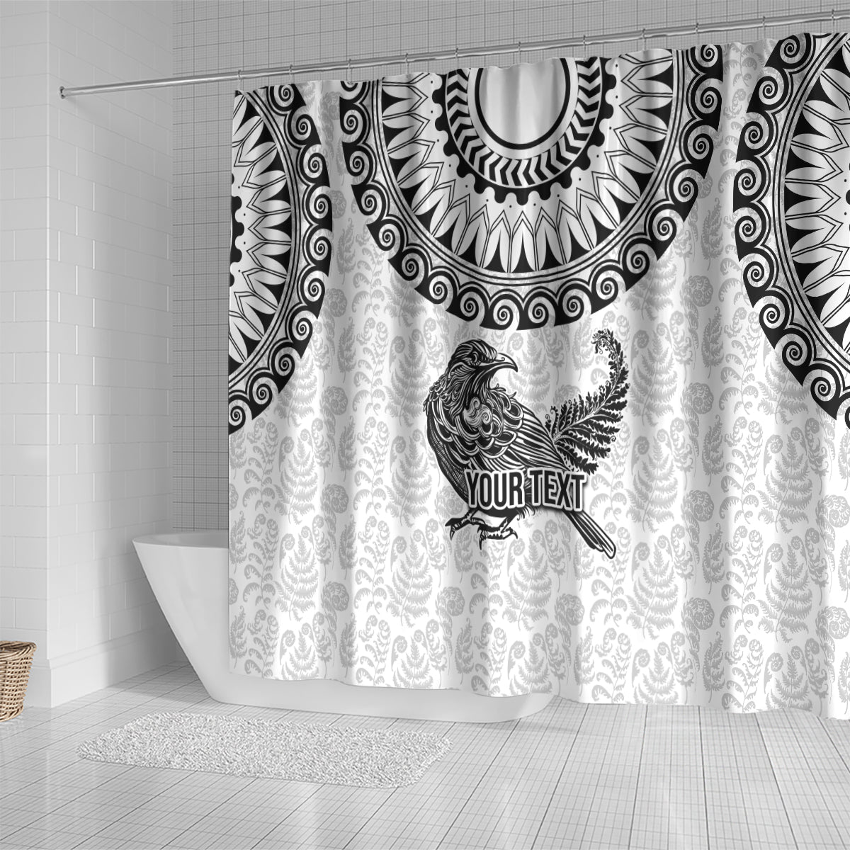 Custom New Zealand Shower Curtain Tui Bird and Koru Circle Mix Silver Fern Pattern LT03 - Polynesian Pride