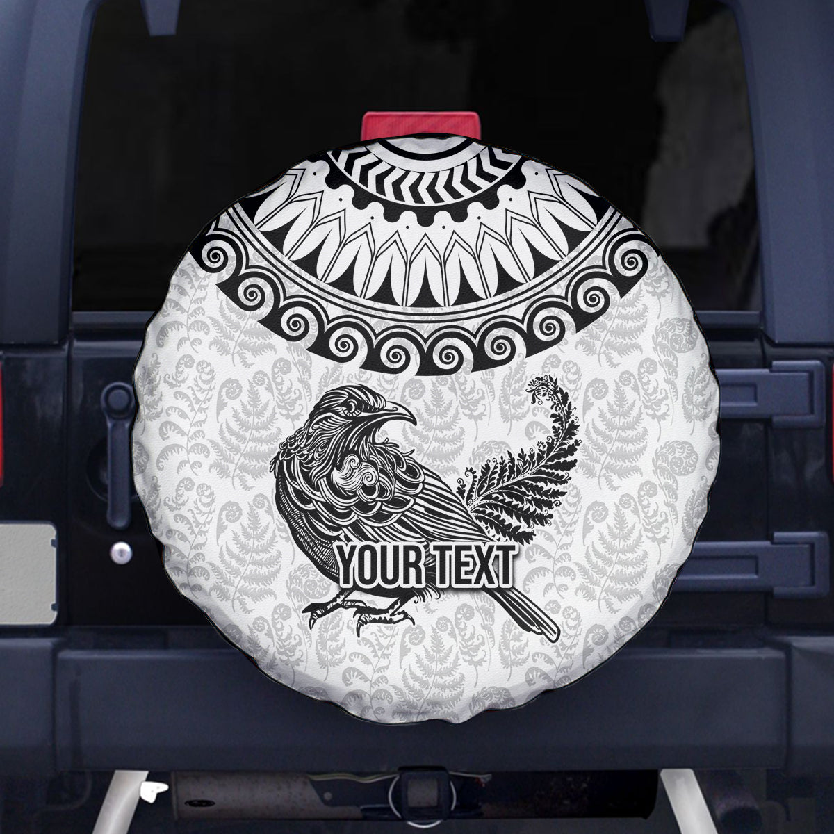 Custom New Zealand Spare Tire Cover Tui Bird and Koru Circle Mix Silver Fern Pattern LT03 White - Polynesian Pride