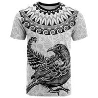 Custom New Zealand T Shirt Tui Bird and Koru Circle Mix Silver Fern Pattern LT03 White - Polynesian Pride