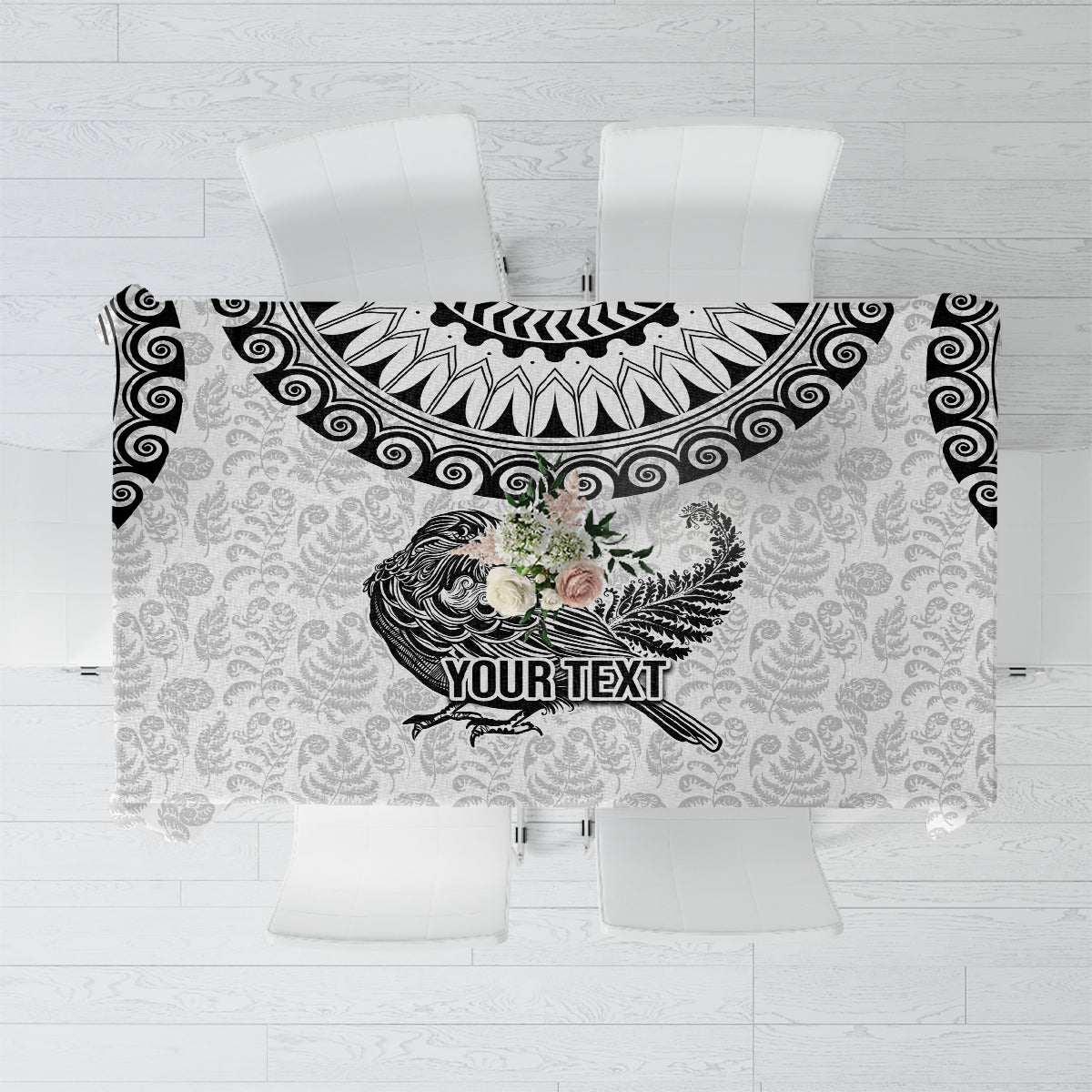 Custom New Zealand Tablecloth Tui Bird and Koru Circle Mix Silver Fern Pattern LT03 White - Polynesian Pride