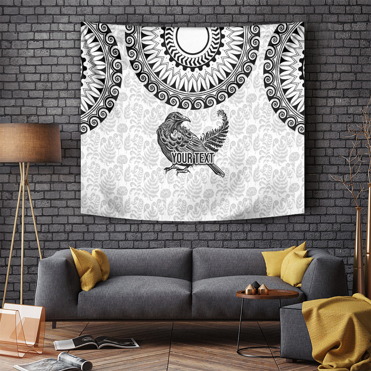 Custom New Zealand Tapestry Tui Bird and Koru Circle Mix Silver Fern Pattern LT03 White - Polynesian Pride