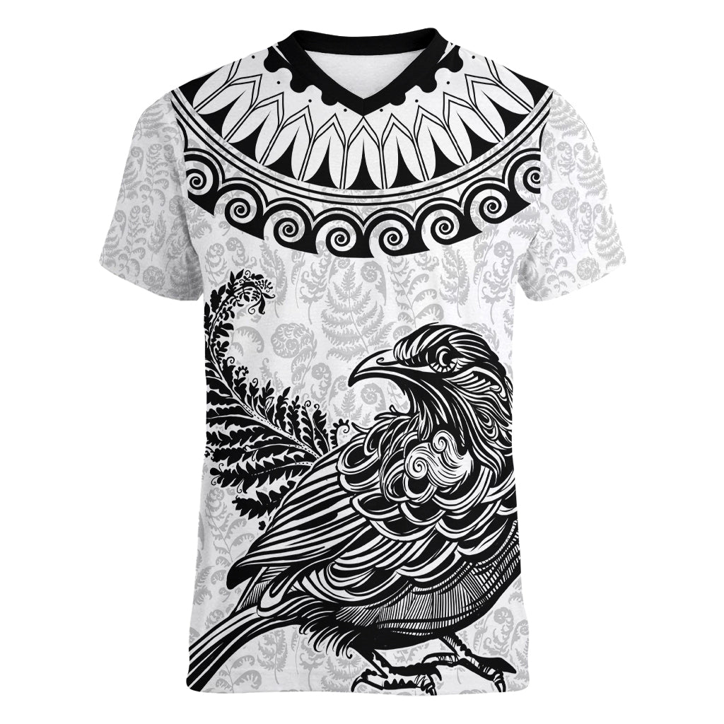 Custom New Zealand Women V Neck T Shirt Tui Bird and Koru Circle Mix Silver Fern Pattern LT03 Female White - Polynesian Pride