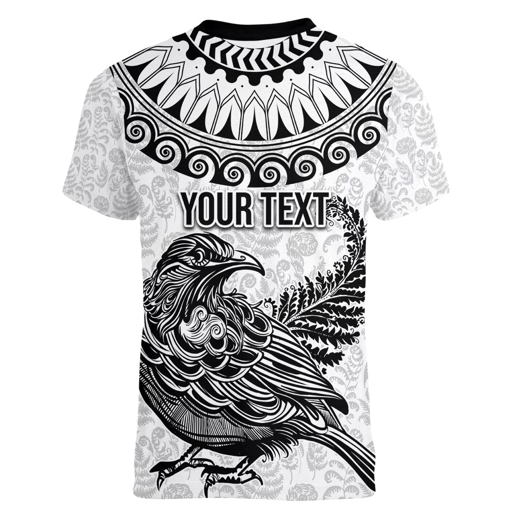 Custom New Zealand Women V Neck T Shirt Tui Bird and Koru Circle Mix Silver Fern Pattern LT03 - Polynesian Pride