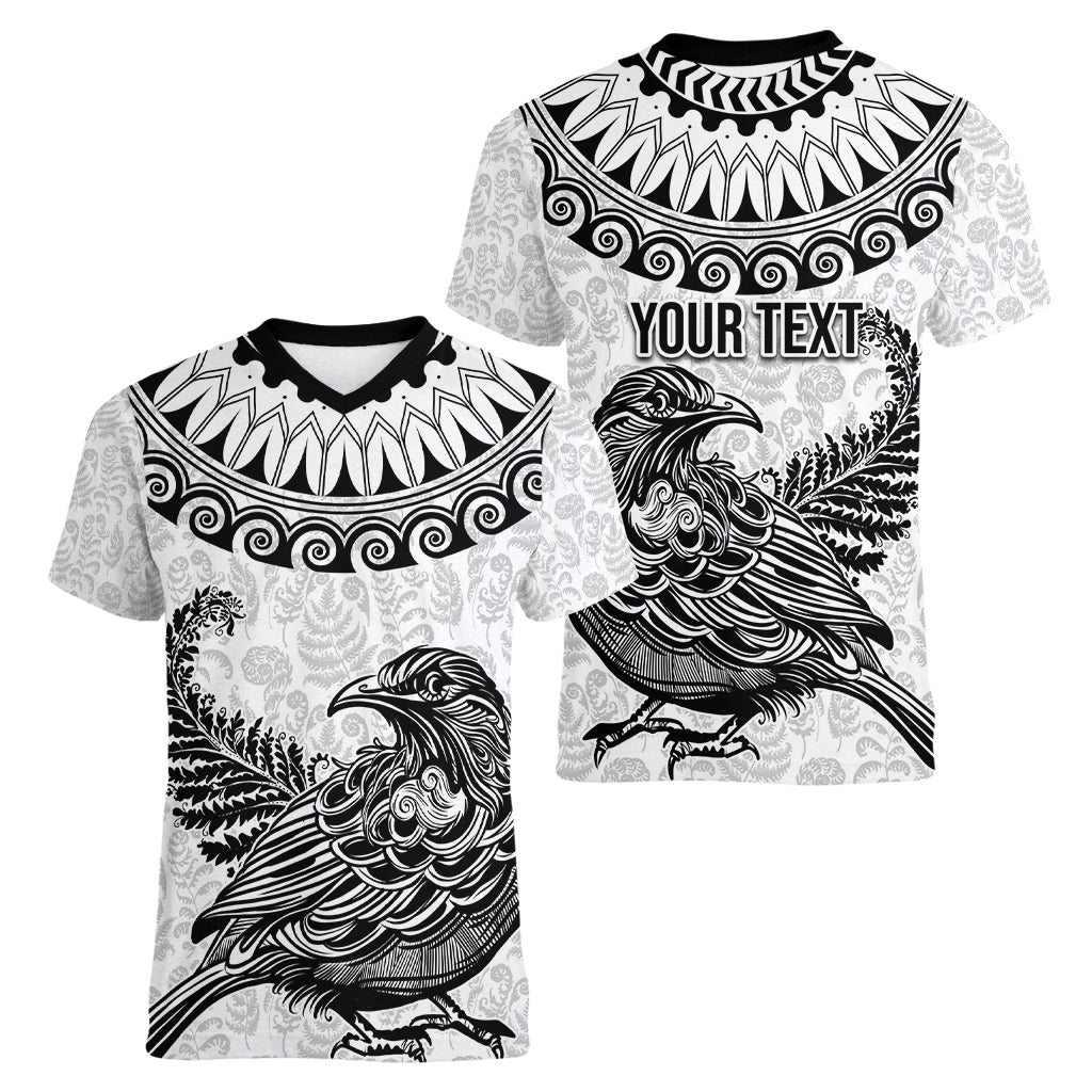 Custom New Zealand Women V Neck T Shirt Tui Bird and Koru Circle Mix Silver Fern Pattern LT03 - Polynesian Pride