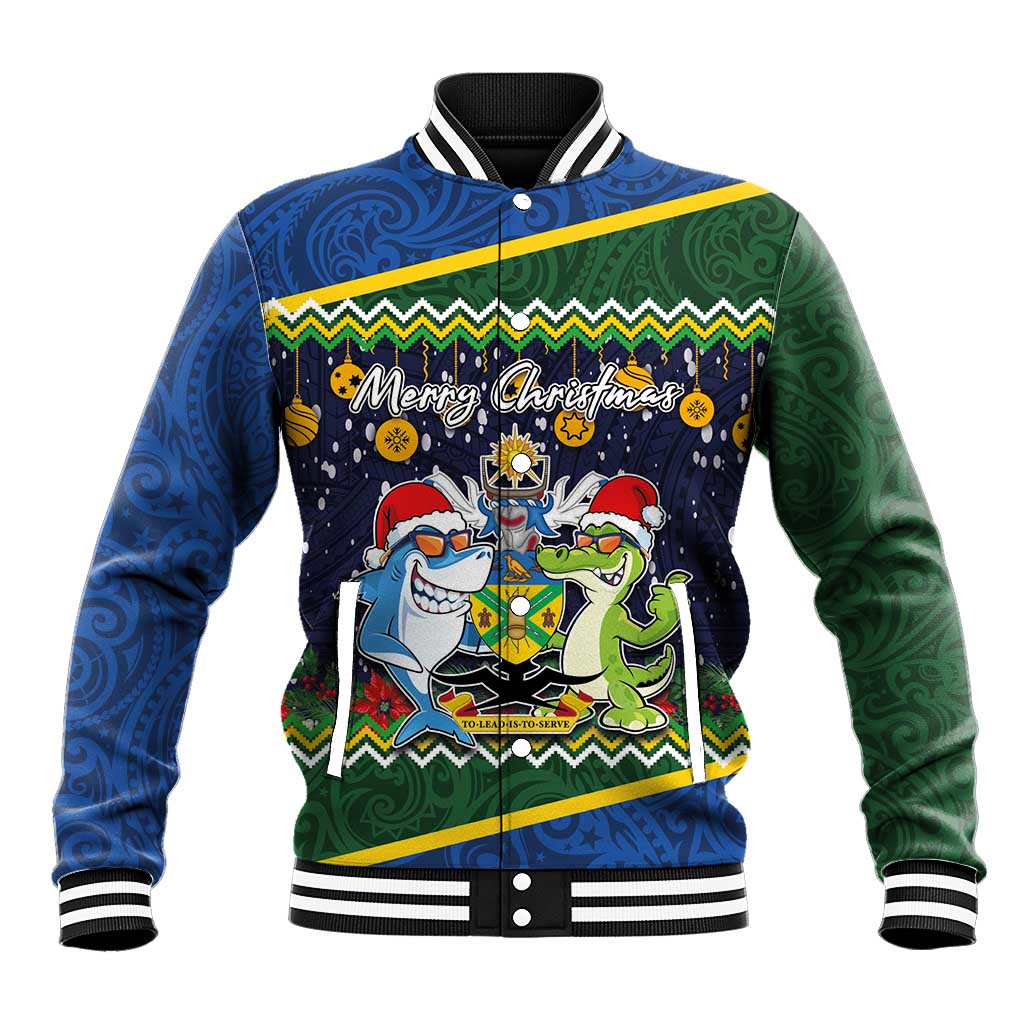 Funny Crocodile and Shark Solomon Islands Christmas Baseball Jacket with National Seal Melanesian Pattern