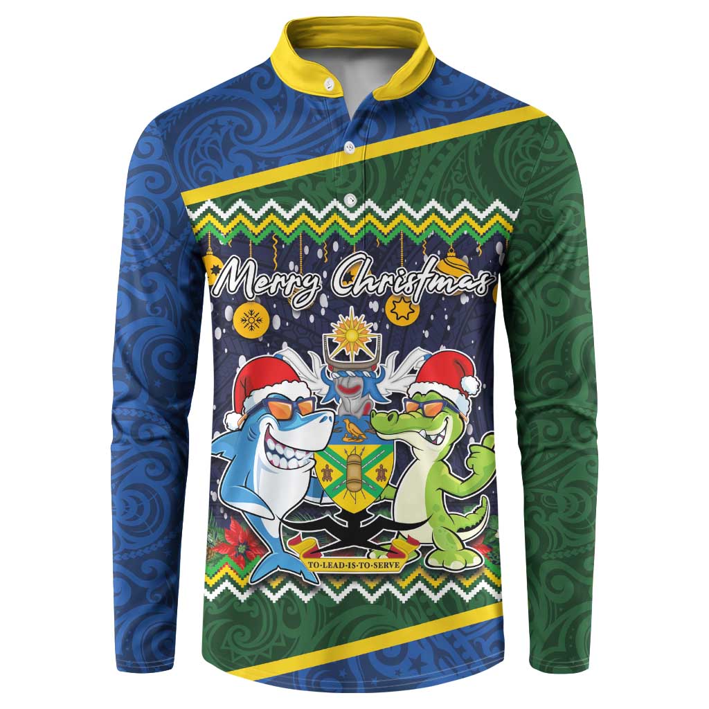 Funny Crocodile and Shark Solomon Islands Christmas Button Sweatshirt with National Seal Melanesian Pattern