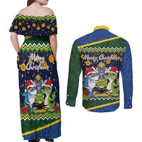 Funny Crocodile and Shark Solomon Islands Christmas Couples Matching Off Shoulder Maxi Dress and Long Sleeve Button Shirt with National Seal Melanesian Pattern