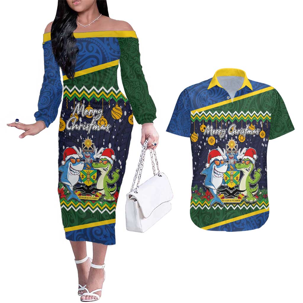 Funny Crocodile and Shark Solomon Islands Christmas Couples Matching Off The Shoulder Long Sleeve Dress and Hawaiian Shirt with National Seal Melanesian Pattern