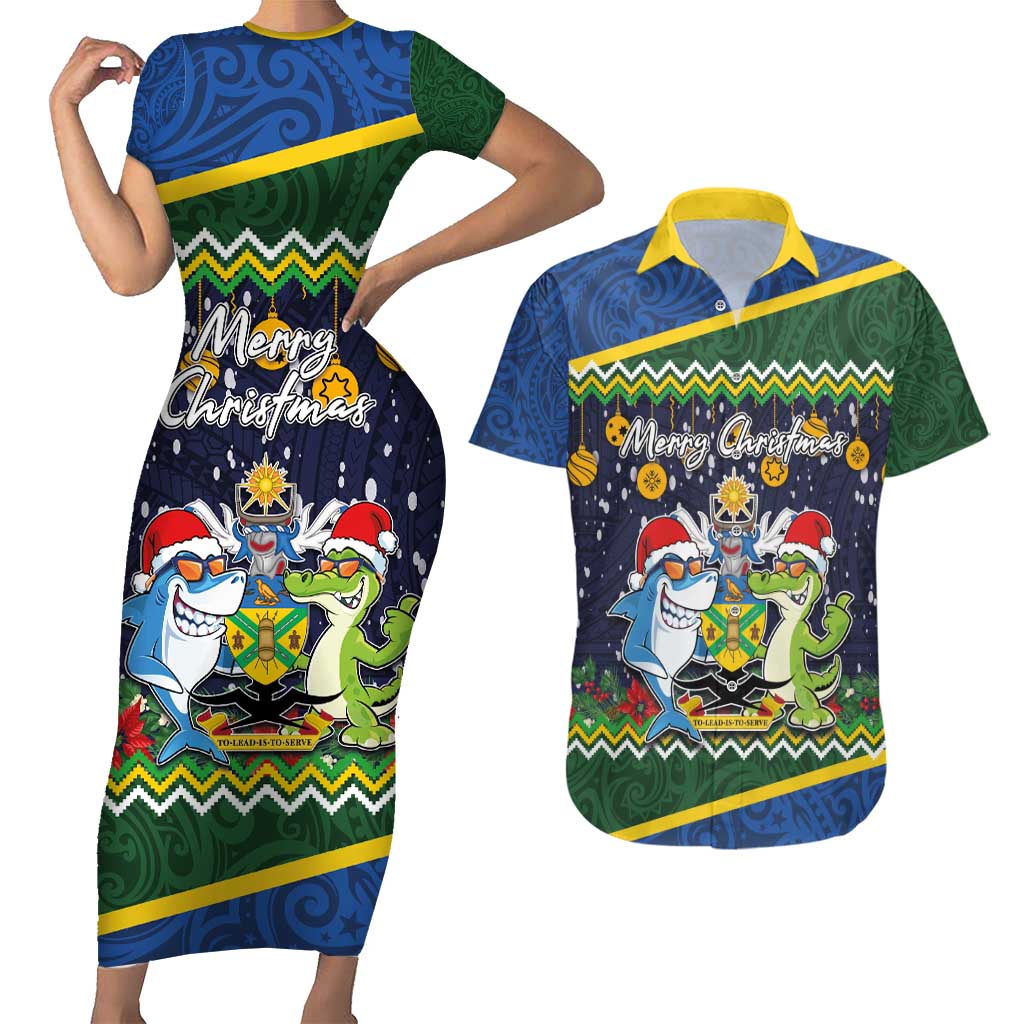 Funny Crocodile and Shark Solomon Islands Christmas Couples Matching Short Sleeve Bodycon Dress and Hawaiian Shirt with National Seal Melanesian Pattern