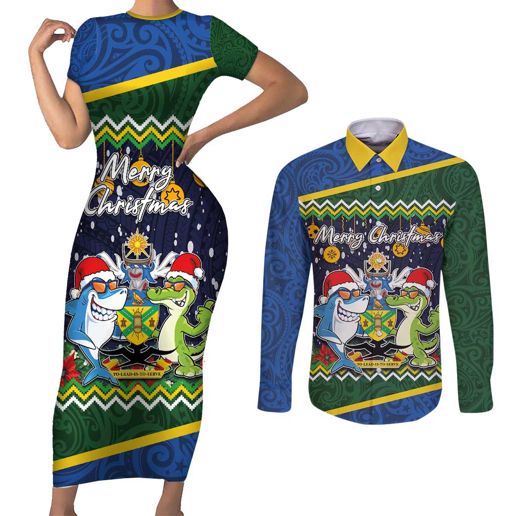 Funny Crocodile and Shark Solomon Islands Christmas Couples Matching Short Sleeve Bodycon Dress and Long Sleeve Button Shirt with National Seal Melanesian Pattern