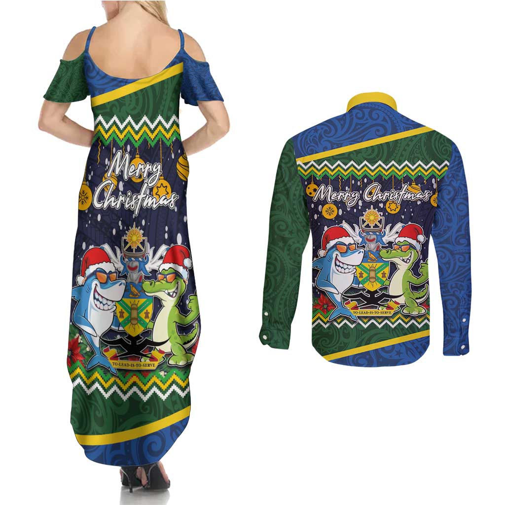 Funny Crocodile and Shark Solomon Islands Christmas Couples Matching Summer Maxi Dress and Long Sleeve Button Shirt with National Seal Melanesian Pattern