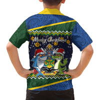 Funny Crocodile and Shark Solomon Islands Christmas Family Matching Off The Shoulder Long Sleeve Dress and Hawaiian Shirt with National Seal Melanesian Pattern