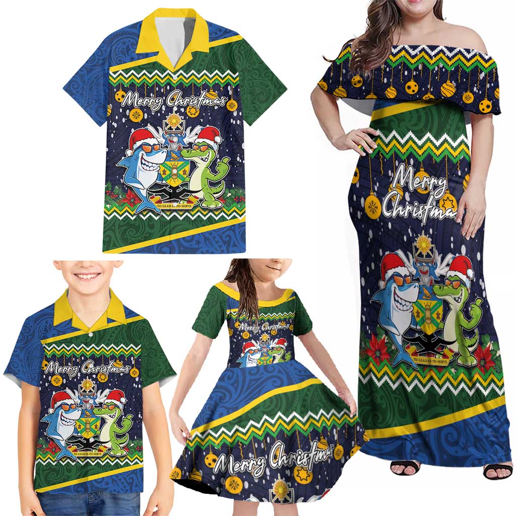 Funny Crocodile and Shark Solomon Islands Christmas Family Matching Off Shoulder Maxi Dress and Hawaiian Shirt with National Seal Melanesian Pattern