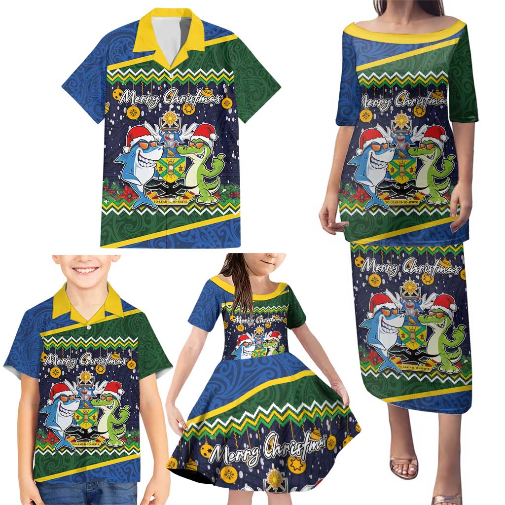 Funny Crocodile and Shark Solomon Islands Christmas Family Matching Puletasi and Hawaiian Shirt with National Seal Melanesian Pattern