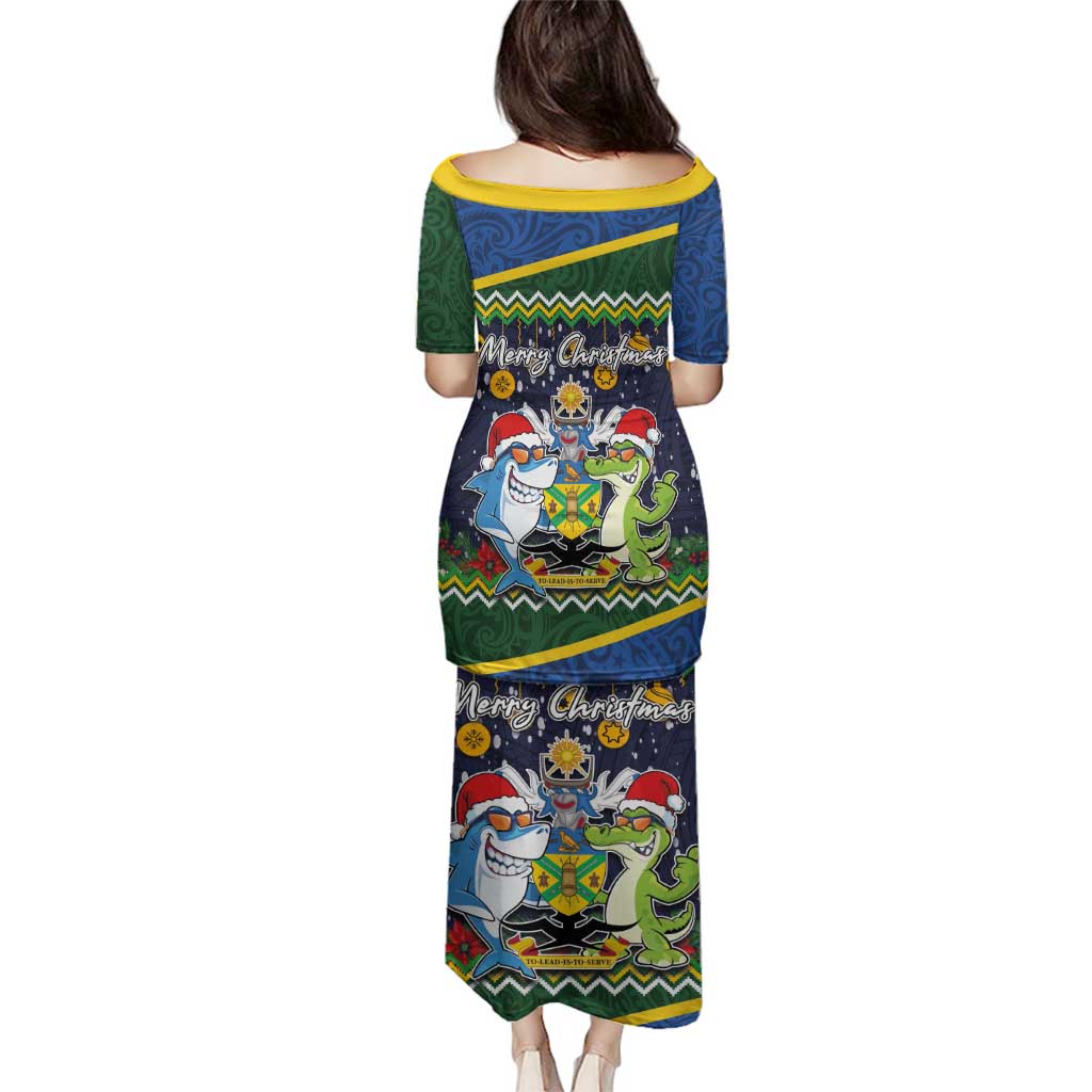 Funny Crocodile and Shark Solomon Islands Christmas Family Matching Puletasi and Hawaiian Shirt with National Seal Melanesian Pattern