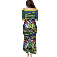 Funny Crocodile and Shark Solomon Islands Christmas Family Matching Puletasi and Hawaiian Shirt with National Seal Melanesian Pattern