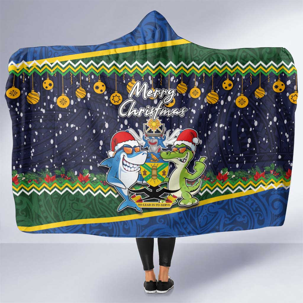 Funny Crocodile and Shark Solomon Islands Christmas Hooded Blanket with National Seal Melanesian Pattern