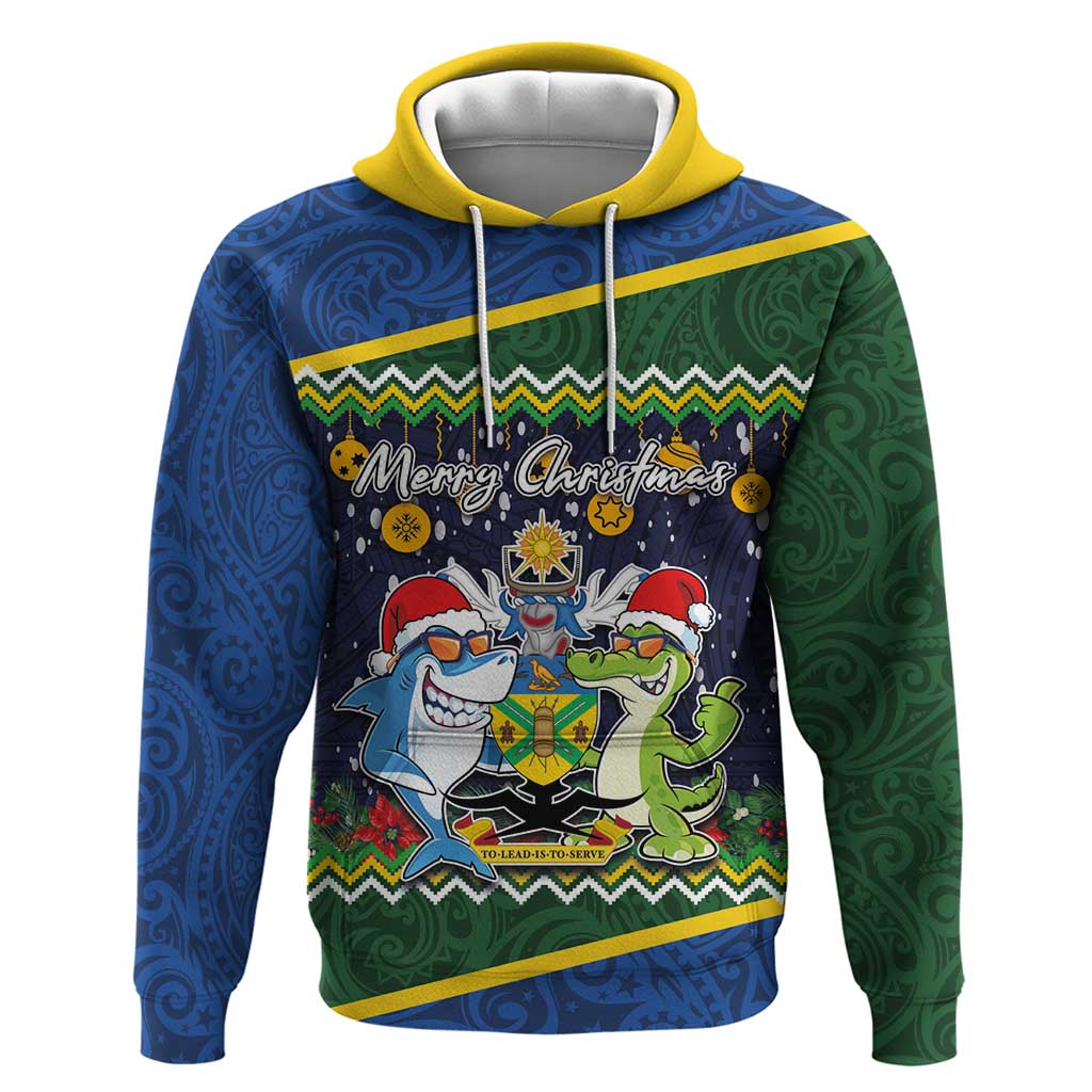 Funny Crocodile and Shark Solomon Islands Christmas Hoodie with National Seal Melanesian Pattern