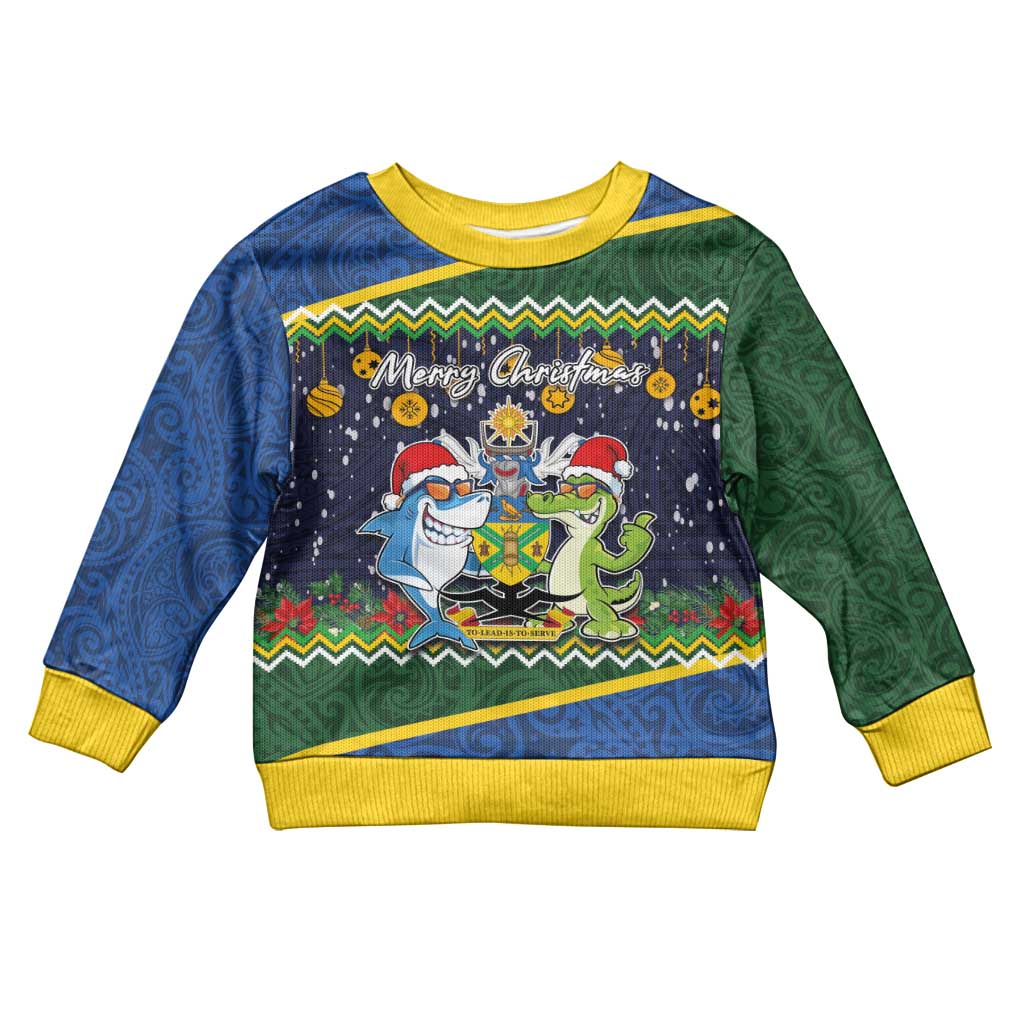 Solomon Islands Christmas Kid Ugly Christmas Sweater Funny Xmas Crocodile and Shark with National Seal Melanesian Pattern