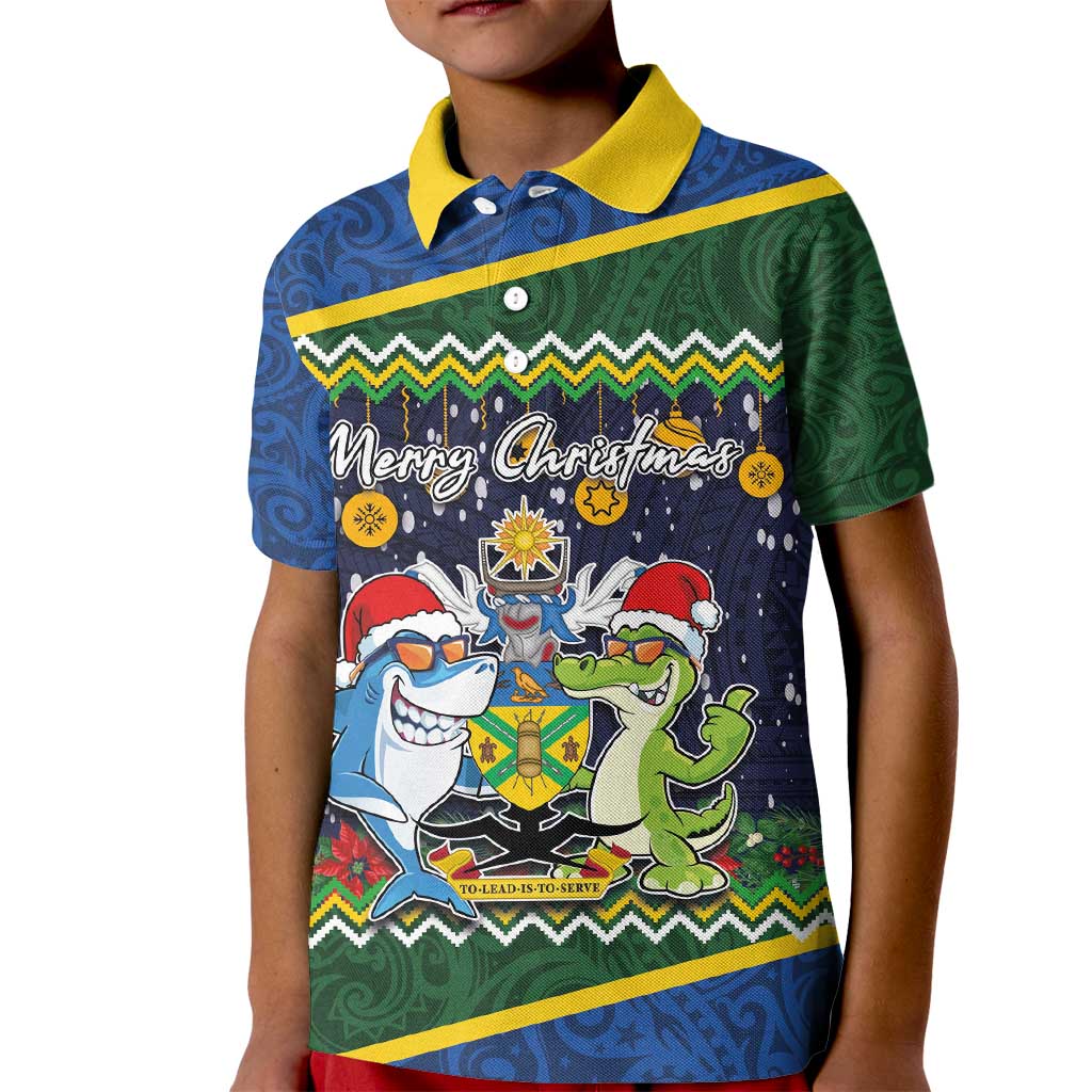 Funny Crocodile and Shark Solomon Islands Christmas Kid Polo Shirt with National Seal Melanesian Pattern