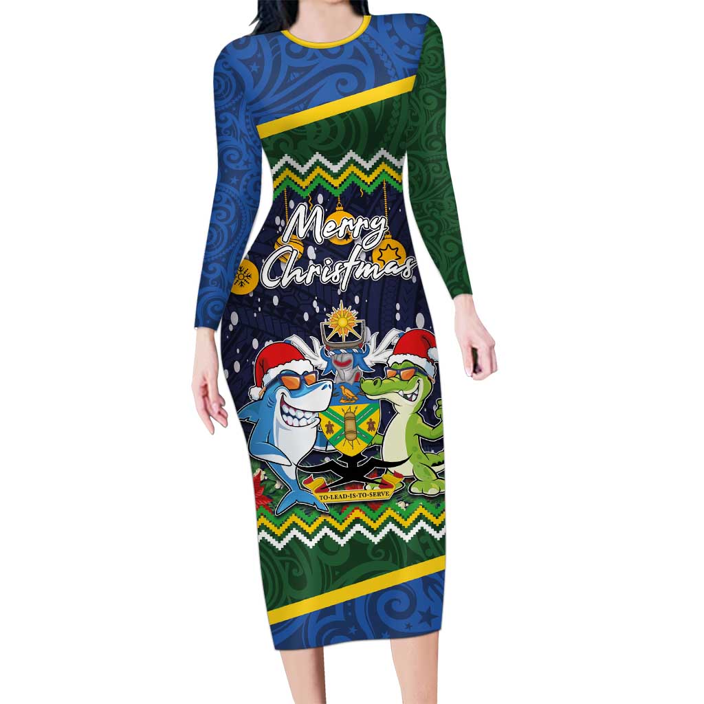 Funny Crocodile and Shark Solomon Islands Christmas Long Sleeve Bodycon Dress with National Seal Melanesian Pattern