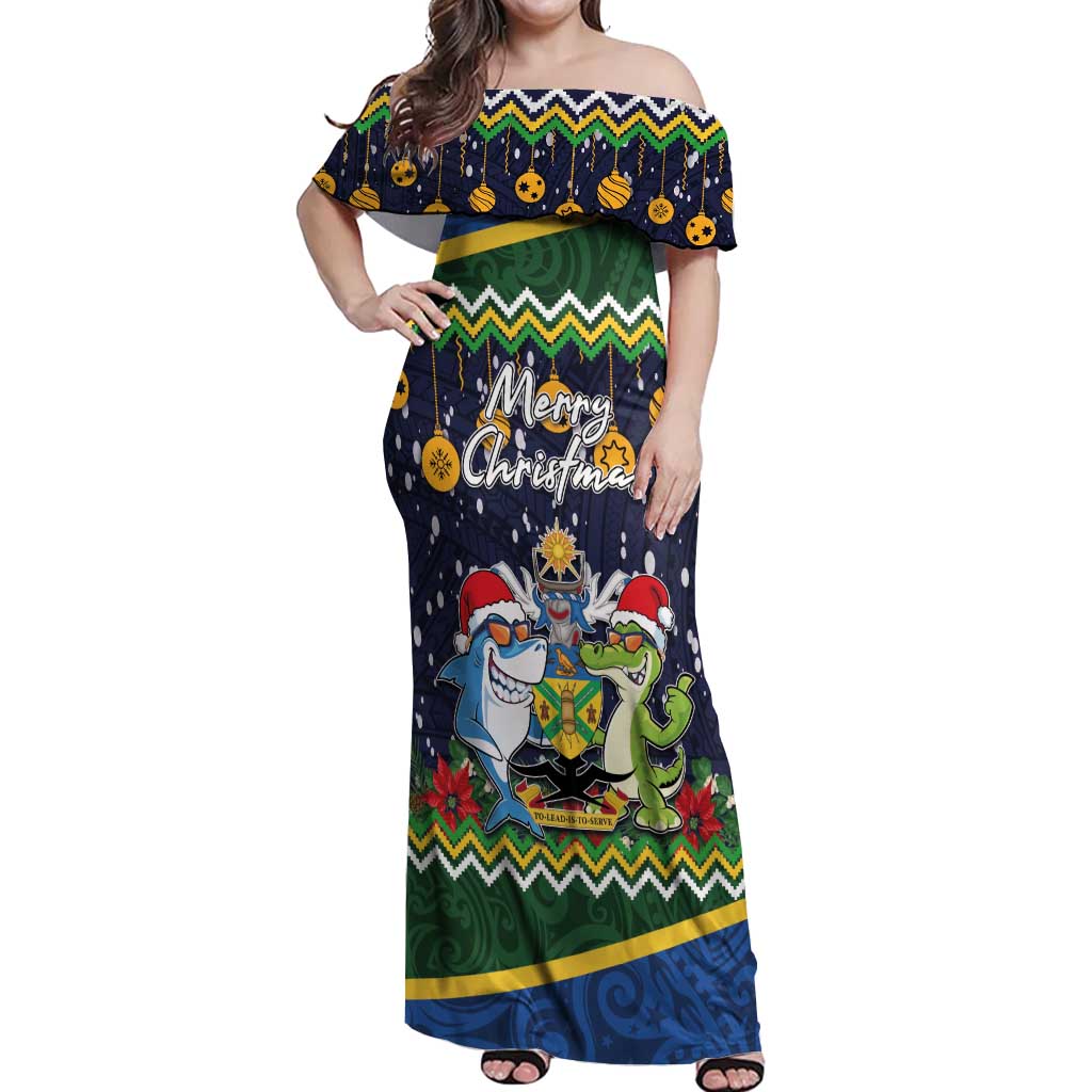 Funny Crocodile and Shark Solomon Islands Christmas Off Shoulder Maxi Dress with National Seal Melanesian Pattern