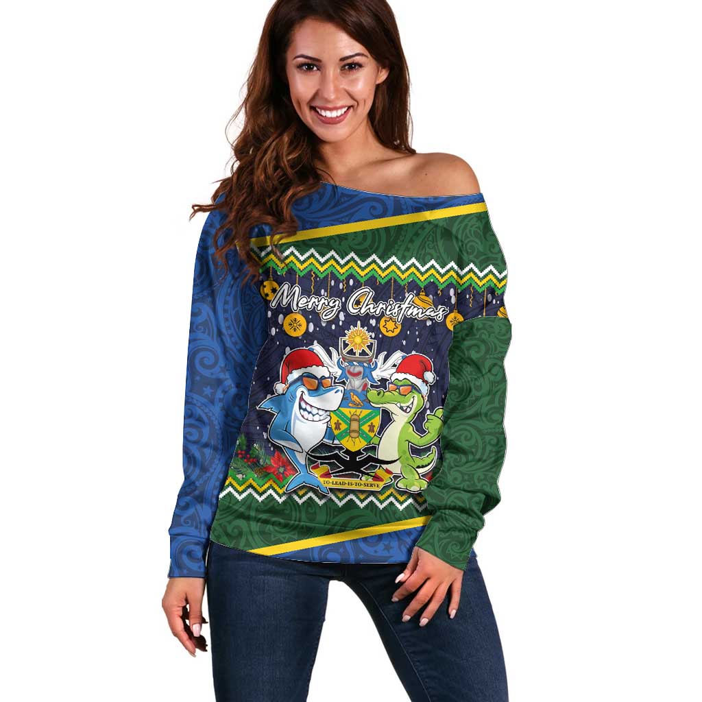 Funny Crocodile and Shark Solomon Islands Christmas Off Shoulder Sweater with National Seal Melanesian Pattern