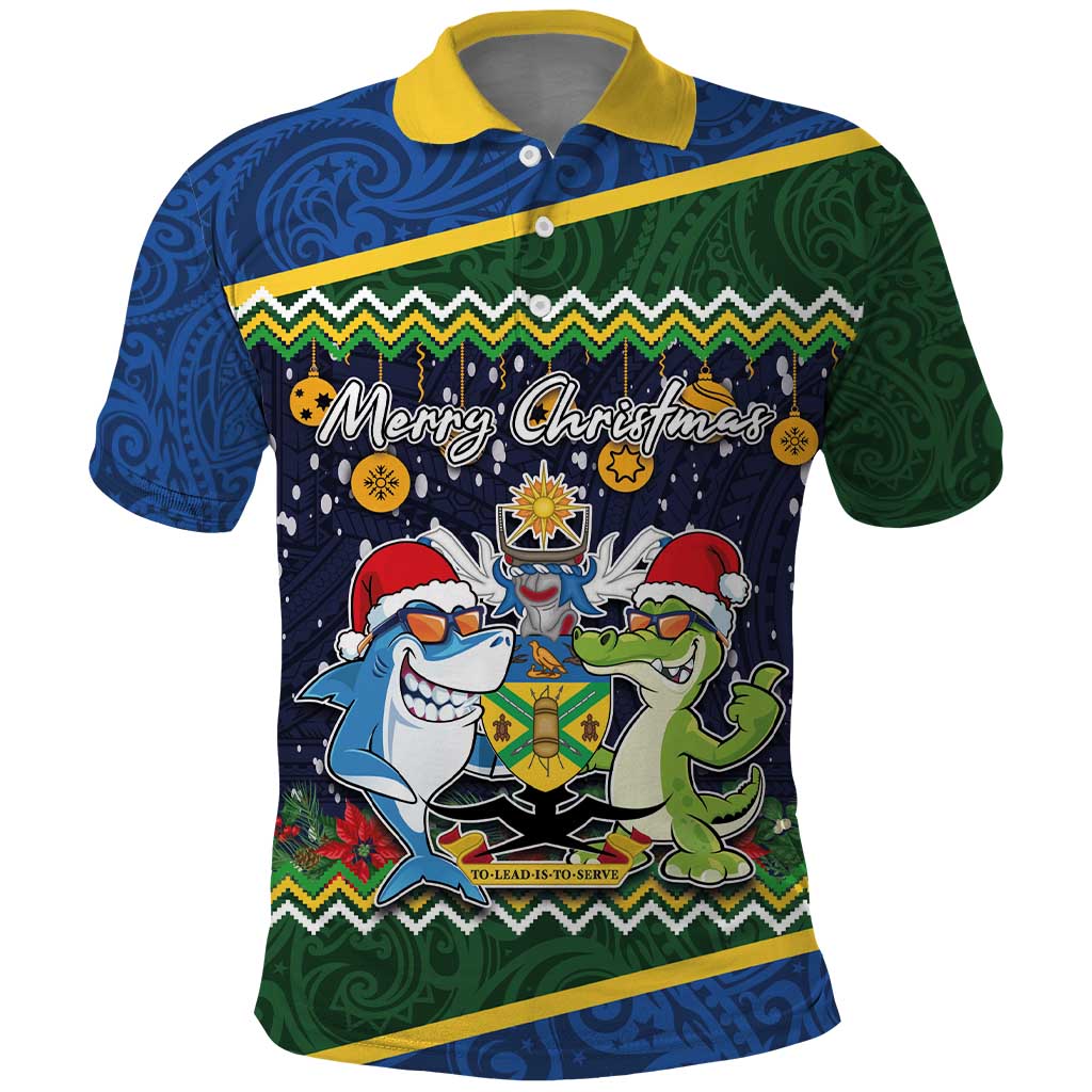 Funny Crocodile and Shark Solomon Islands Christmas Polo Shirt with National Seal Melanesian Pattern