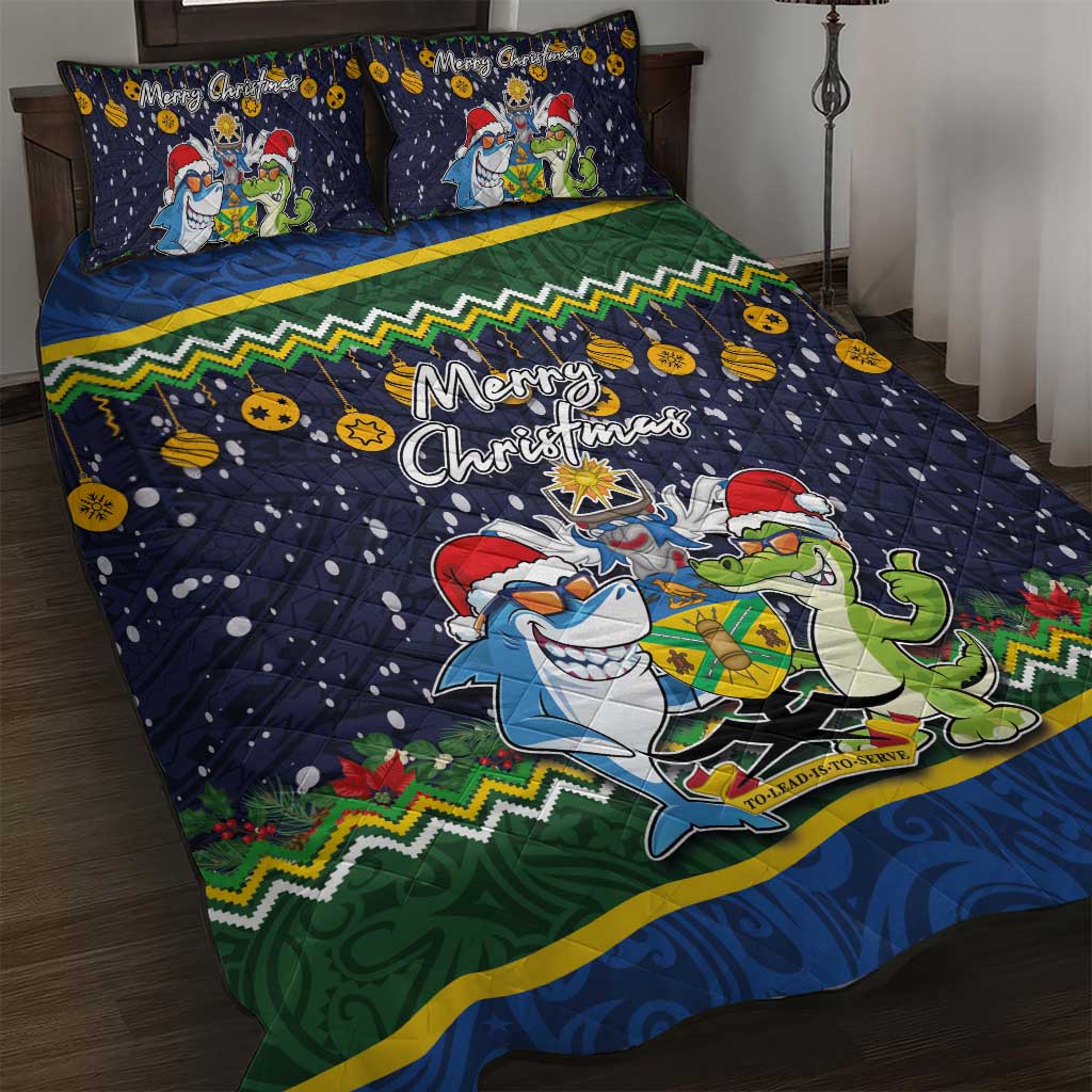 Funny Crocodile and Shark Solomon Islands Christmas Quilt Bed Set with National Seal Melanesian Pattern