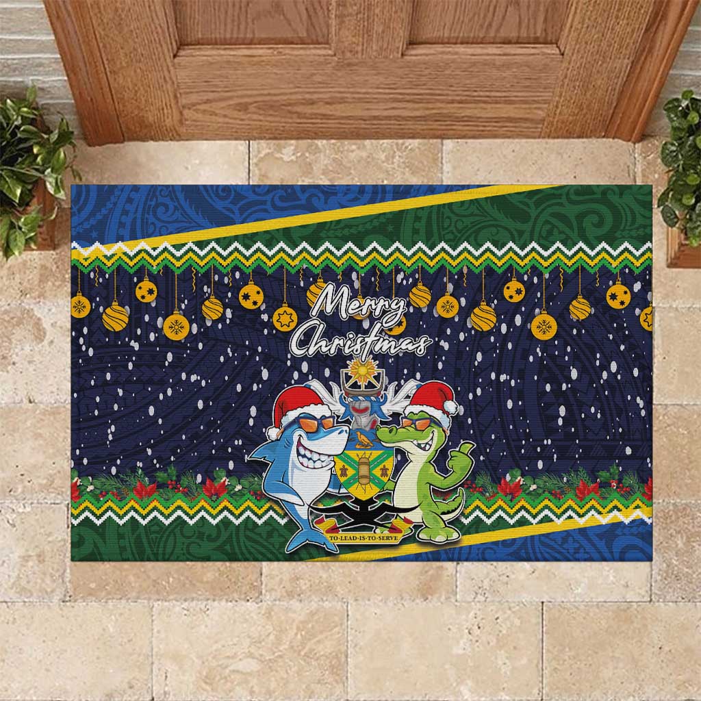 Funny Crocodile and Shark Solomon Islands Christmas Rubber Doormat with National Seal Melanesian Pattern