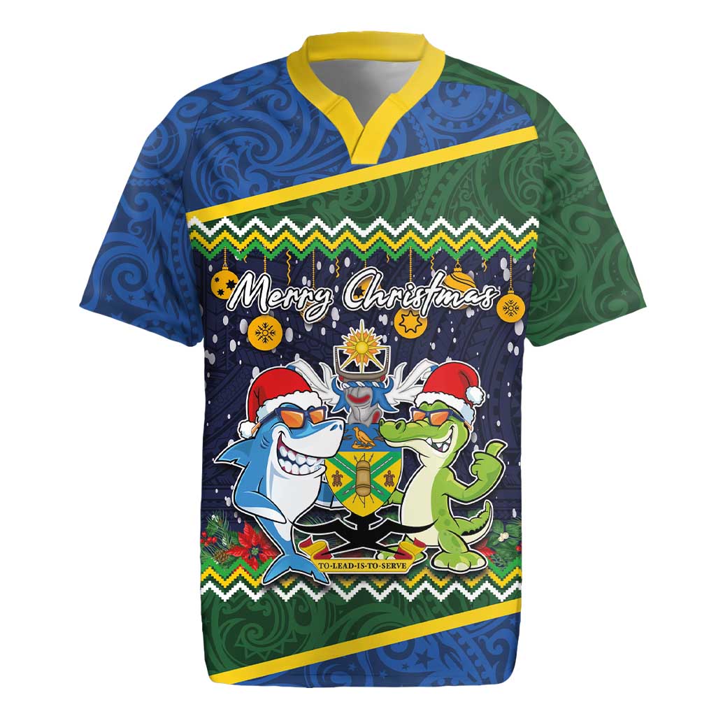 Funny Crocodile and Shark Solomon Islands Christmas Rugby Jersey with National Seal Melanesian Pattern