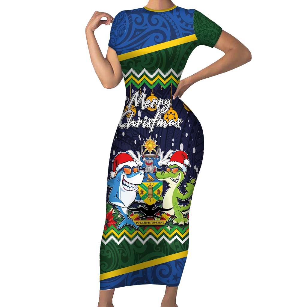 Funny Crocodile and Shark Solomon Islands Christmas Short Sleeve Bodycon Dress with National Seal Melanesian Pattern