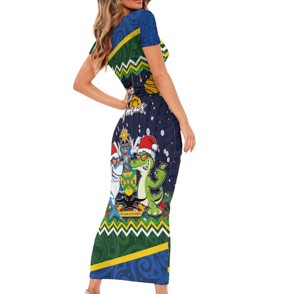 Funny Crocodile and Shark Solomon Islands Christmas Short Sleeve Bodycon Dress with National Seal Melanesian Pattern