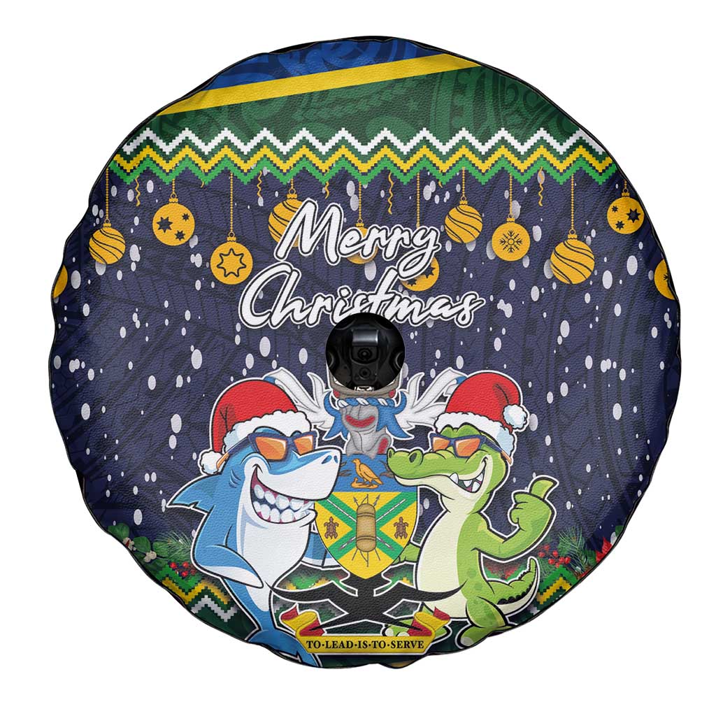 Funny Crocodile and Shark Solomon Islands Christmas Spare Tire Cover with National Seal Melanesian Pattern