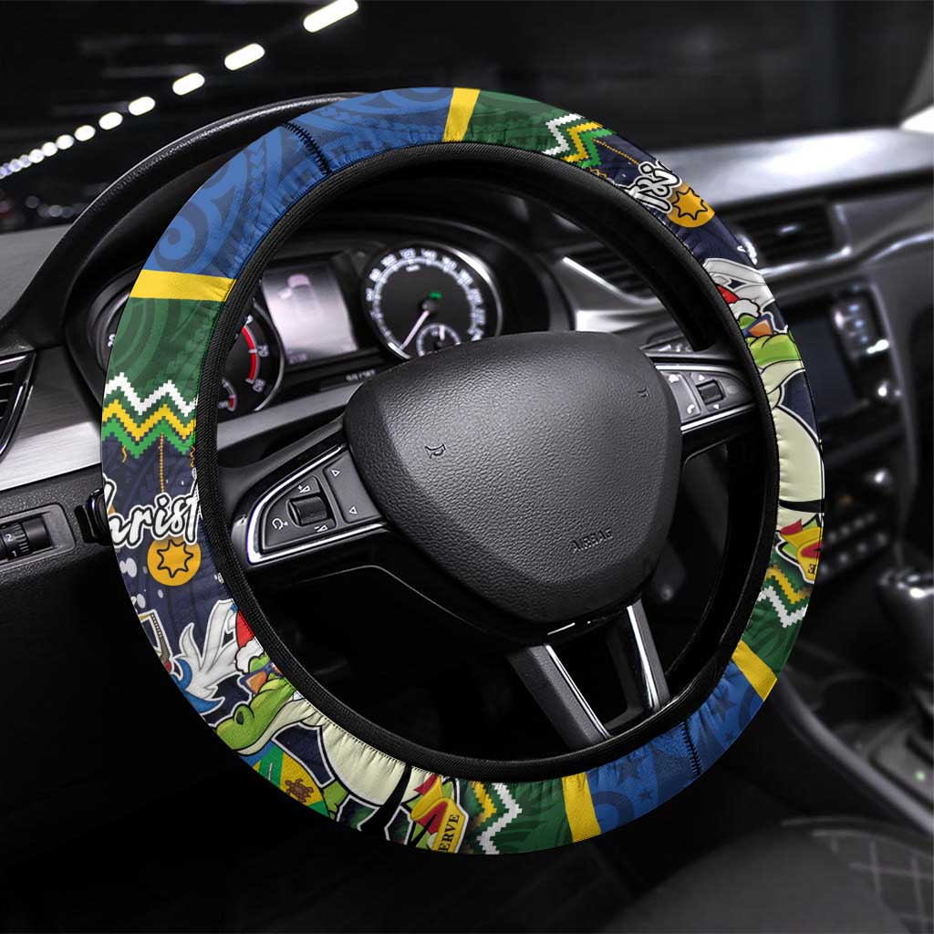 Funny Crocodile and Shark Solomon Islands Christmas Steering Wheel Cover with National Seal Melanesian Pattern