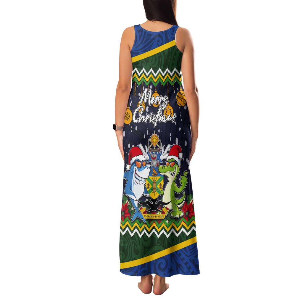 Funny Crocodile and Shark Solomon Islands Christmas Tank Maxi Dress with National Seal Melanesian Pattern