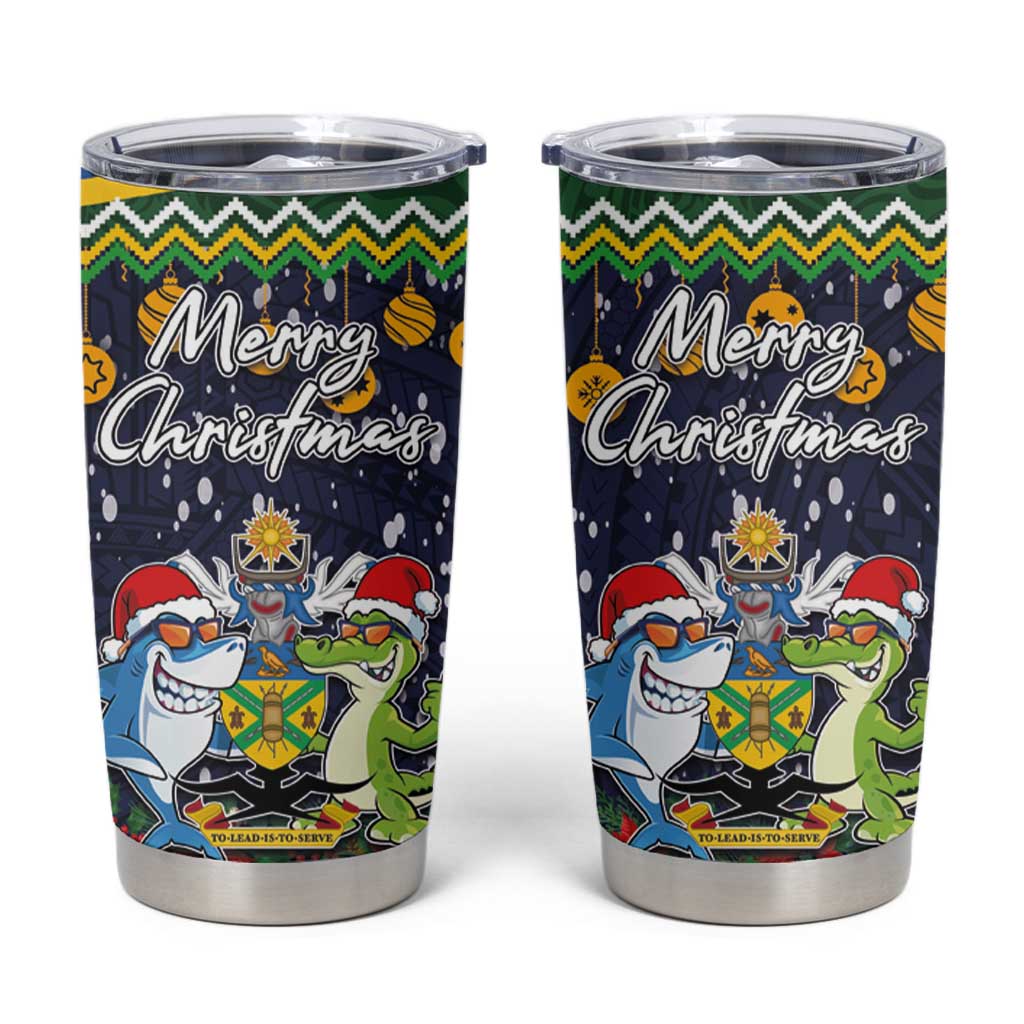 Funny Crocodile and Shark Solomon Islands Christmas Tumbler Cup with National Seal Melanesian Pattern