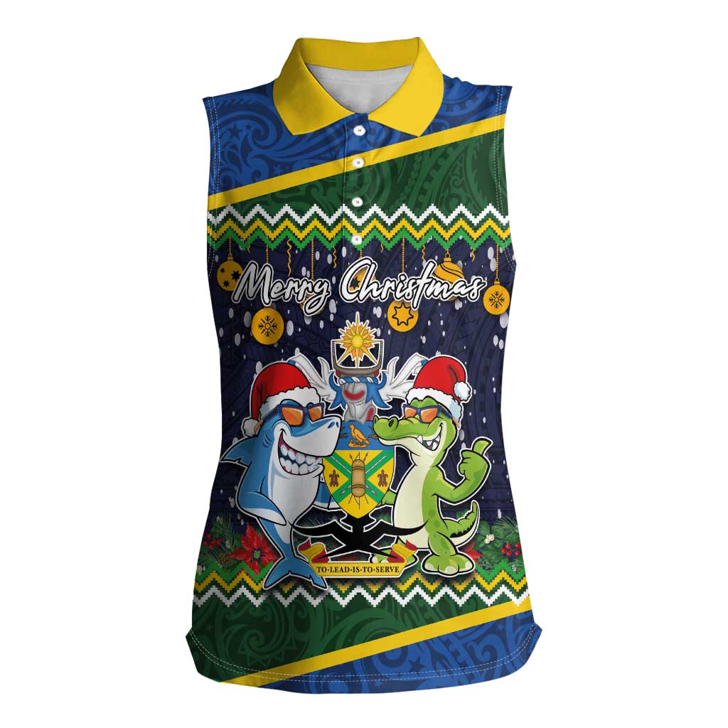 Funny Crocodile and Shark Solomon Islands Christmas Women Sleeveless Polo Shirt with National Seal Melanesian Pattern