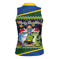 Funny Crocodile and Shark Solomon Islands Christmas Women Sleeveless Polo Shirt with National Seal Melanesian Pattern