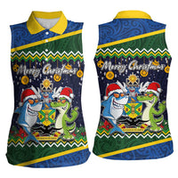 Funny Crocodile and Shark Solomon Islands Christmas Women Sleeveless Polo Shirt with National Seal Melanesian Pattern