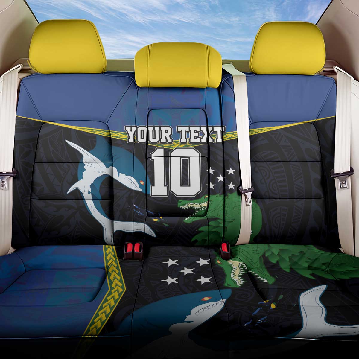 Custom Solomon Islands Rugby Back Car Seat Cover Arty Shark and Crocodile Solomon Islands National Emblems