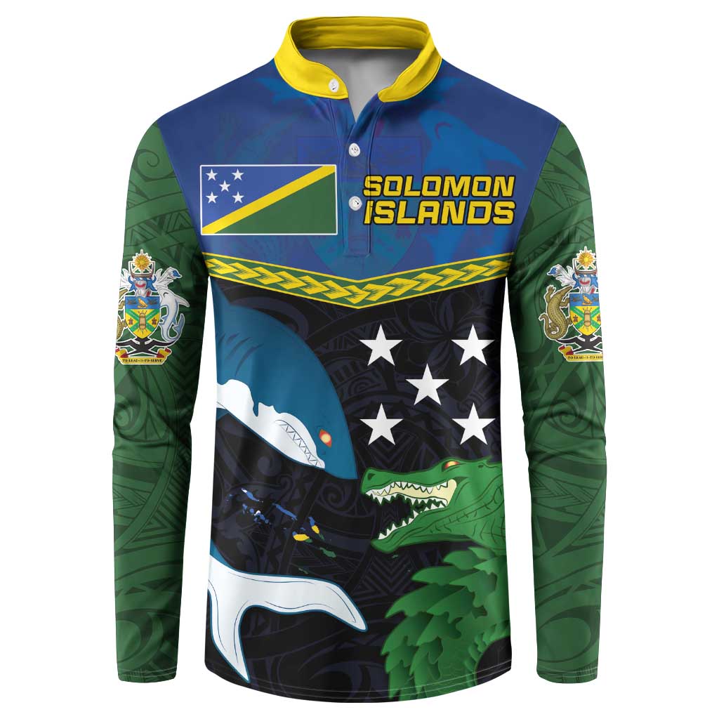 Custom Solomon Islands Rugby Button Sweatshirt Arty Shark and Crocodile Solomon Islands National Emblems