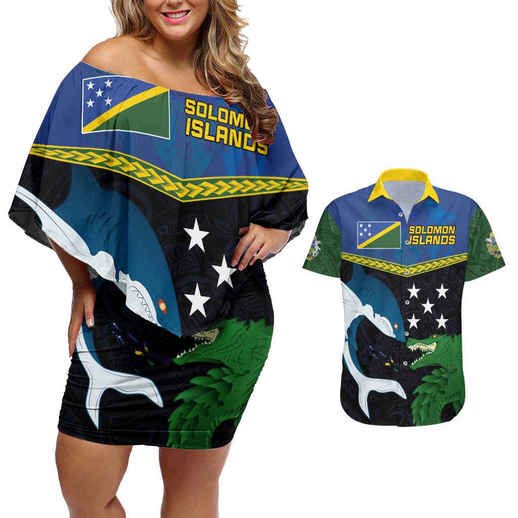 Custom Solomon Islands Rugby Couples Matching Off Shoulder Short Dress and Hawaiian Shirt Arty Shark and Crocodile Solomon Islands National Emblems