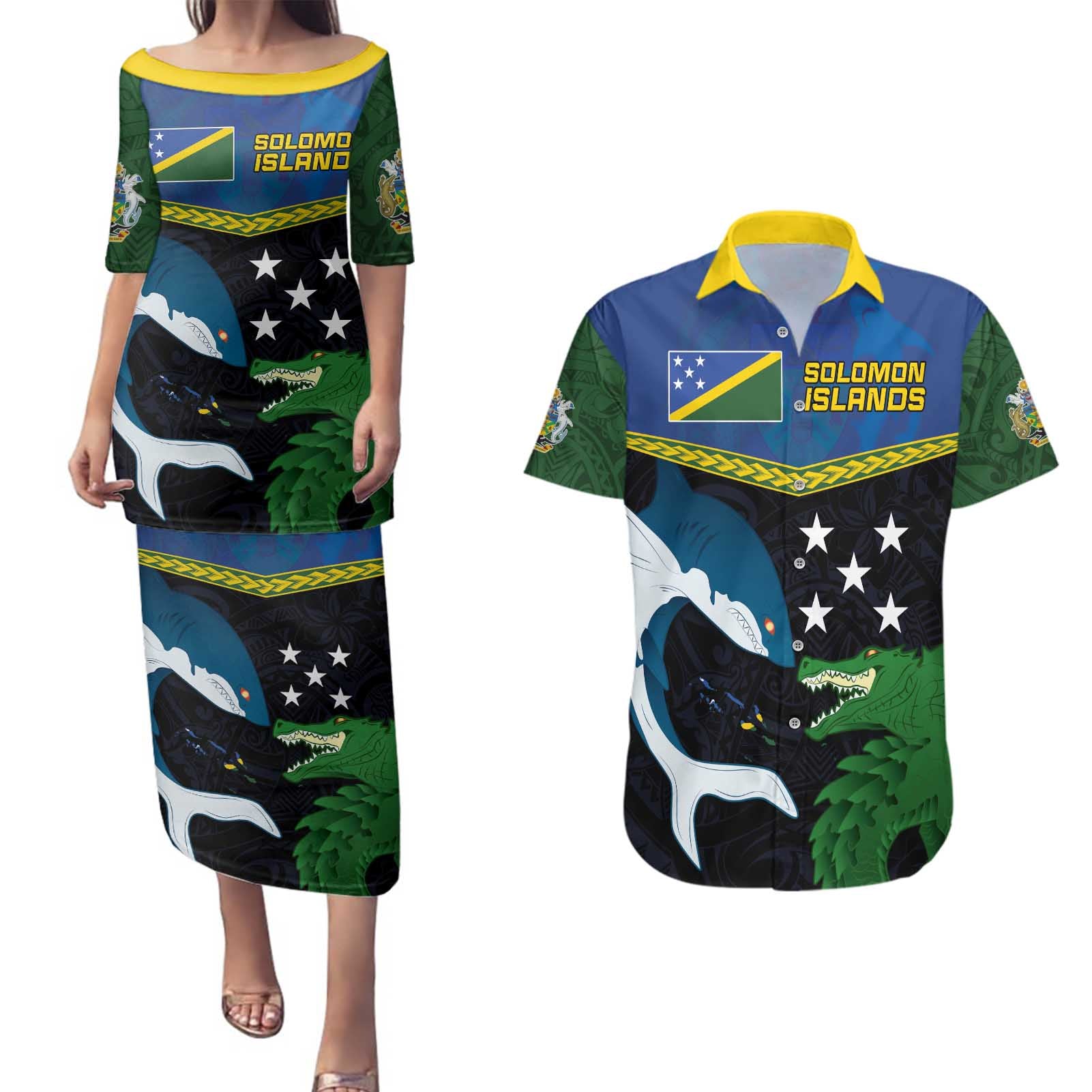 Custom Solomon Islands Rugby Couples Matching Puletasi and Hawaiian Shirt Arty Shark and Crocodile Solomon Islands National Emblems