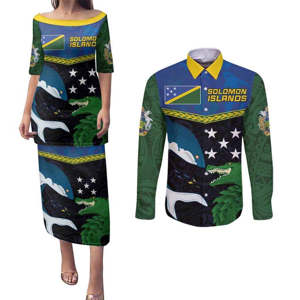 Custom Solomon Islands Rugby Couples Matching Puletasi and Long Sleeve Button Shirt Arty Shark and Crocodile Solomon Islands National Emblems